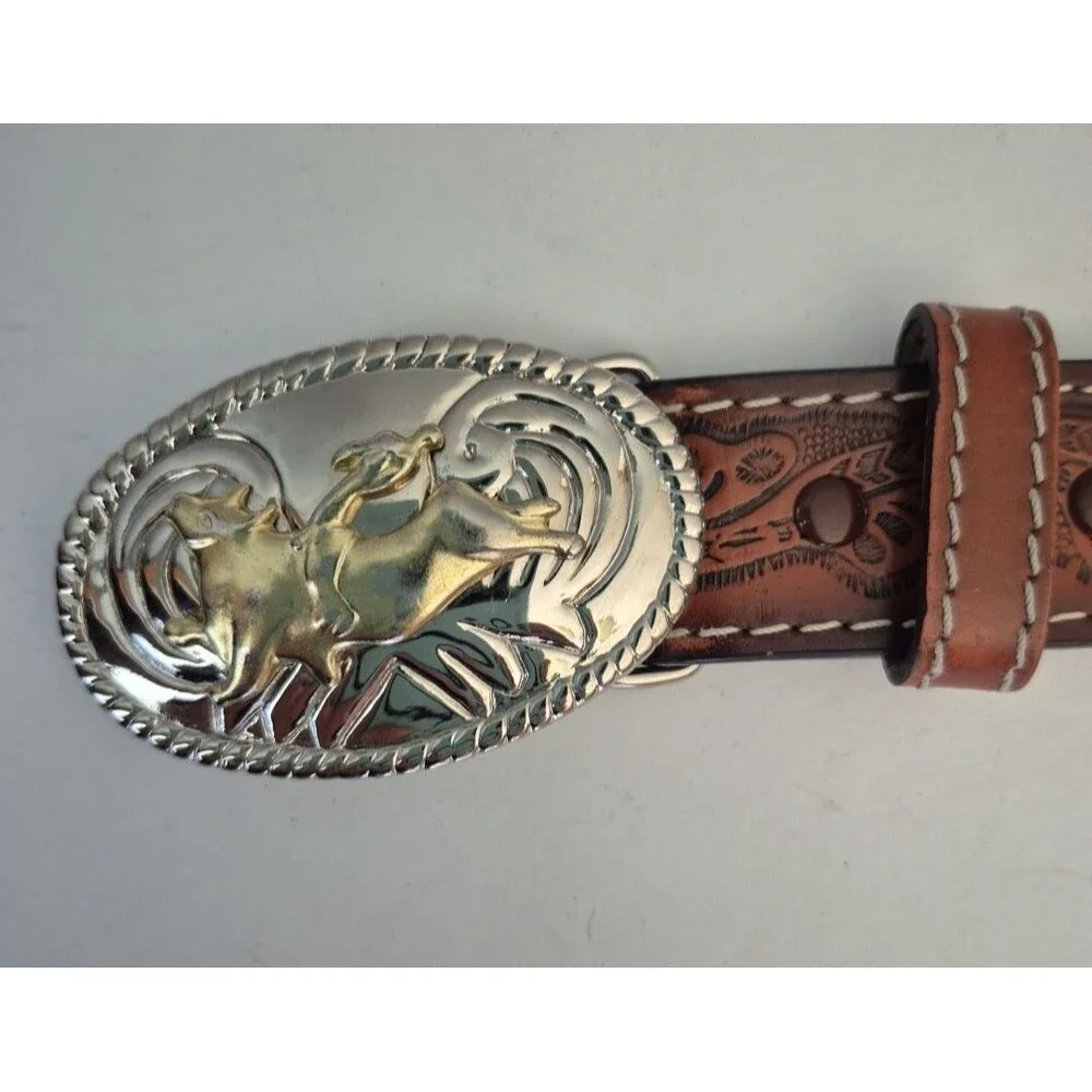 Nocona Brown Tooled Floral Genuine Bonded Leather Bull Rider Belt Boys 31 IN